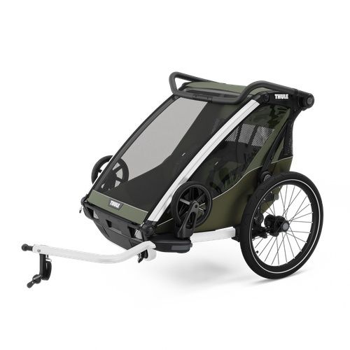 Groene fietskar met grote wielen en zichtbaar ophangsysteem